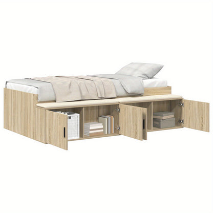 Opbergbed – Opbergbedframe – Bed met Laden – Eenpersoonsbed – Slaapbank – Eiken Bruin – 90x200 cm – Hardhouten Frame – Ingebouwde Opbergladen