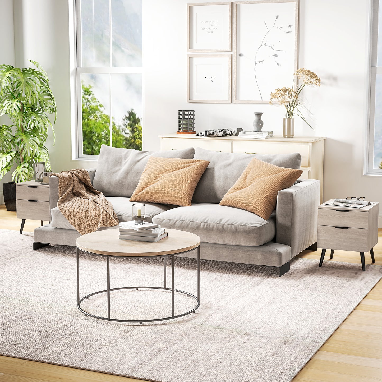 Bijzettafel Set – Nachtkastje – Bedtafel – Sidetable – Houten Tafeltje – Modern Nordic Design – 2-Lade Opbergruimte – Eikenhout Look