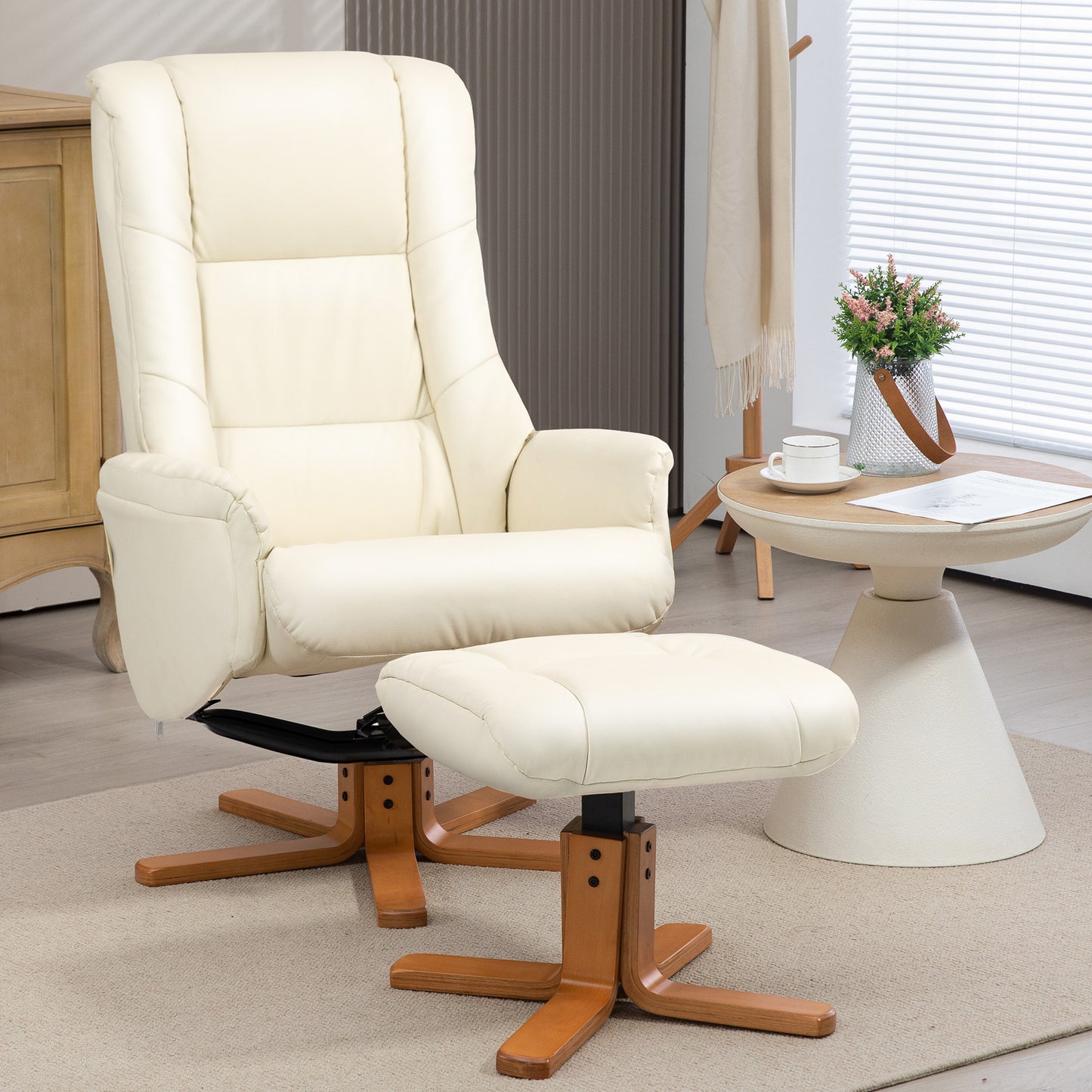 Relaxfauteuil – Relaxstoel – Stoel Met Voetenbank – Loungefauteuil – Fauteuil Crèmewit – Verstelbare Rugleuning – Kunstleer, Draagkracht 150 kg