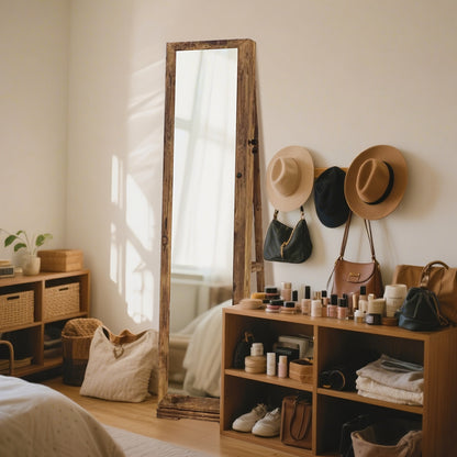 360° Draaibare Sieradencabinet – Sieradenkast – Make-up Organizer – Opbergkast – Sieradenrek – Volledige Spiegel – Duurzaam Houten Materiaal – Verticale Ruimtebesparende Stijl – Natuurlijke Houtkleur