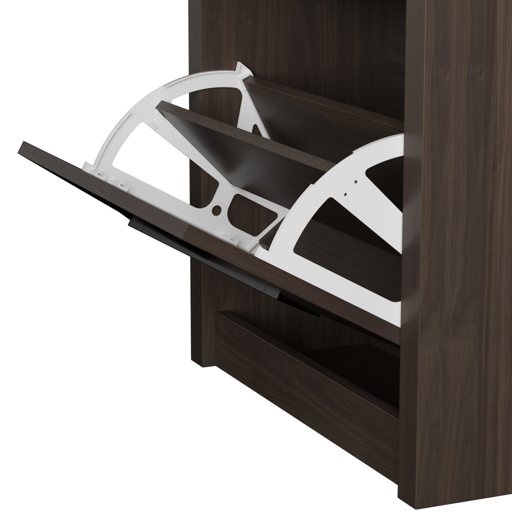 Modern Country Space-Saving Vintage Shoe Cabinet with Rattan Trim & 3-Tier Pull-Down Shelves - Dark Brown Wood Grain Vertical Entryway Furniture Suitable for Hallway, Small Spaces, Apartments - Easy Access Shoe Rack