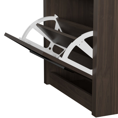 Modern Country Space-Saving Vintage Shoe Cabinet with Rattan Trim & 3-Tier Pull-Down Shelves - Dark Brown Wood Grain Vertical Entryway Furniture Suitable for Hallway, Small Spaces, Apartments - Easy Access Shoe Rack