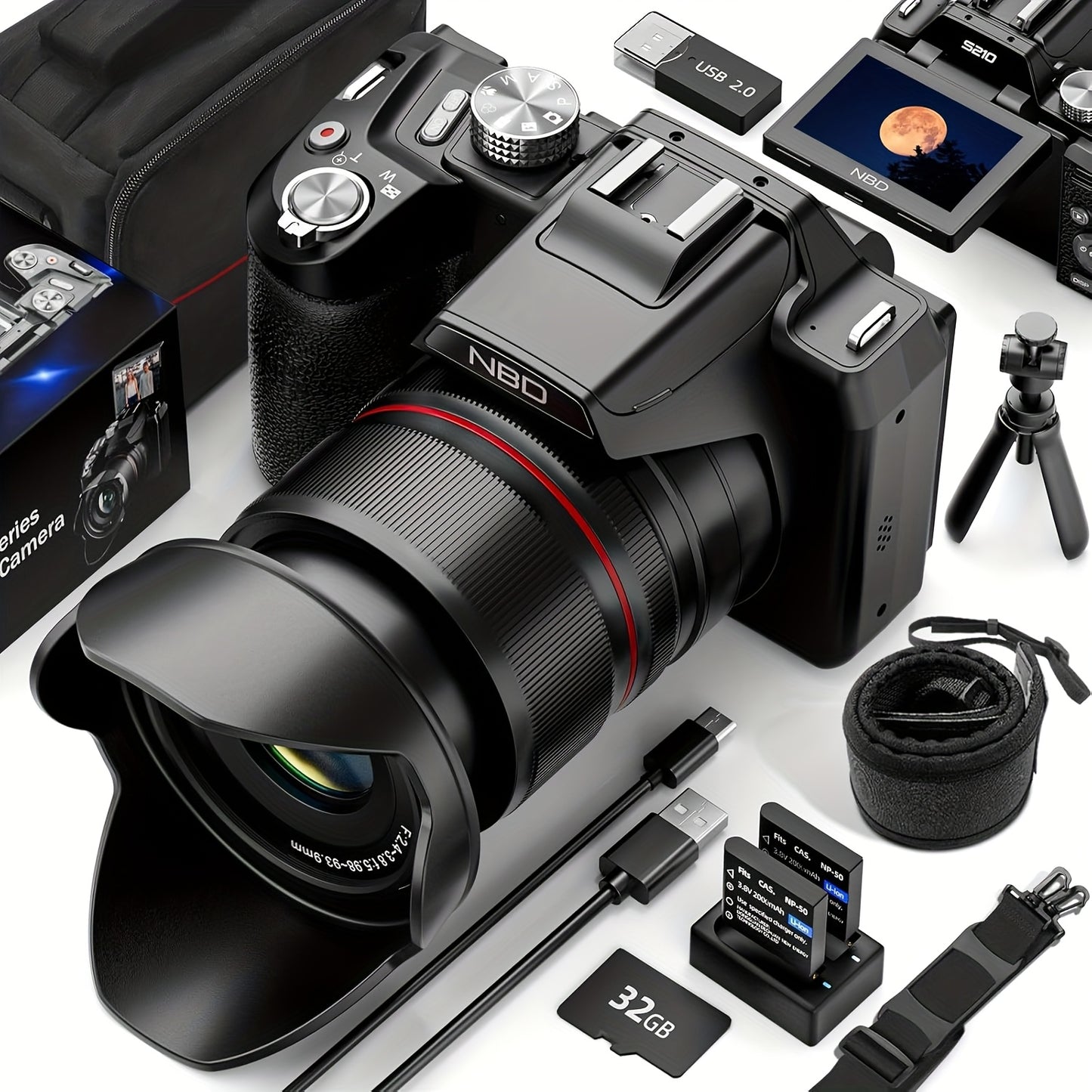 Digitale Camera – Fotocamera – Vlogcamera – Telelens Camera – Digitale Fotocamera – 64MP Resolutie – 16x Optische Zoom – WiFi & App Bediening – 180° Kantelbaar Scherm – Zwart