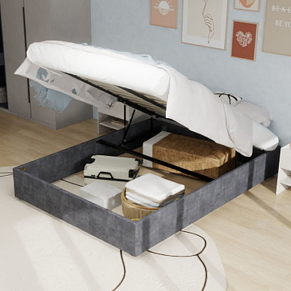 Bed – Bedframe – Ledikant – Slaapbank – Slaapbed – Beige Fluweel – Gasveer Opbergruimte – Laag Platform 160x200 cm