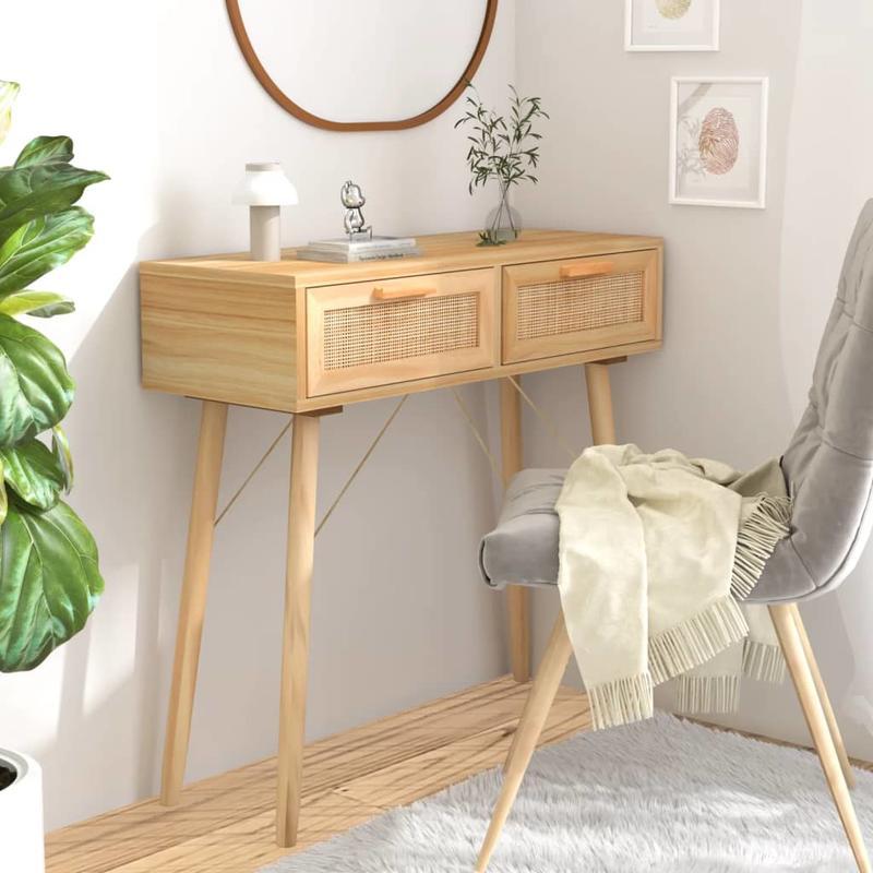 Consolentafel – Sidetable – Halmeubel – Wandtafel – Opbergmeubel – Massief Eikenhout & Natuurlijk Rotan – 2 Laden & Ruimtebesparend – 80x30x75 cm – Rustiek Modern