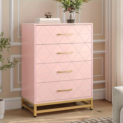 Nachtkastje – Ladekast – Bijzettafel – Opbergkast – Kast – Roze – 4 Lades – Hout – 69 cm Hoog – Gouden Handgrepen – Modern Minimalistisch Design