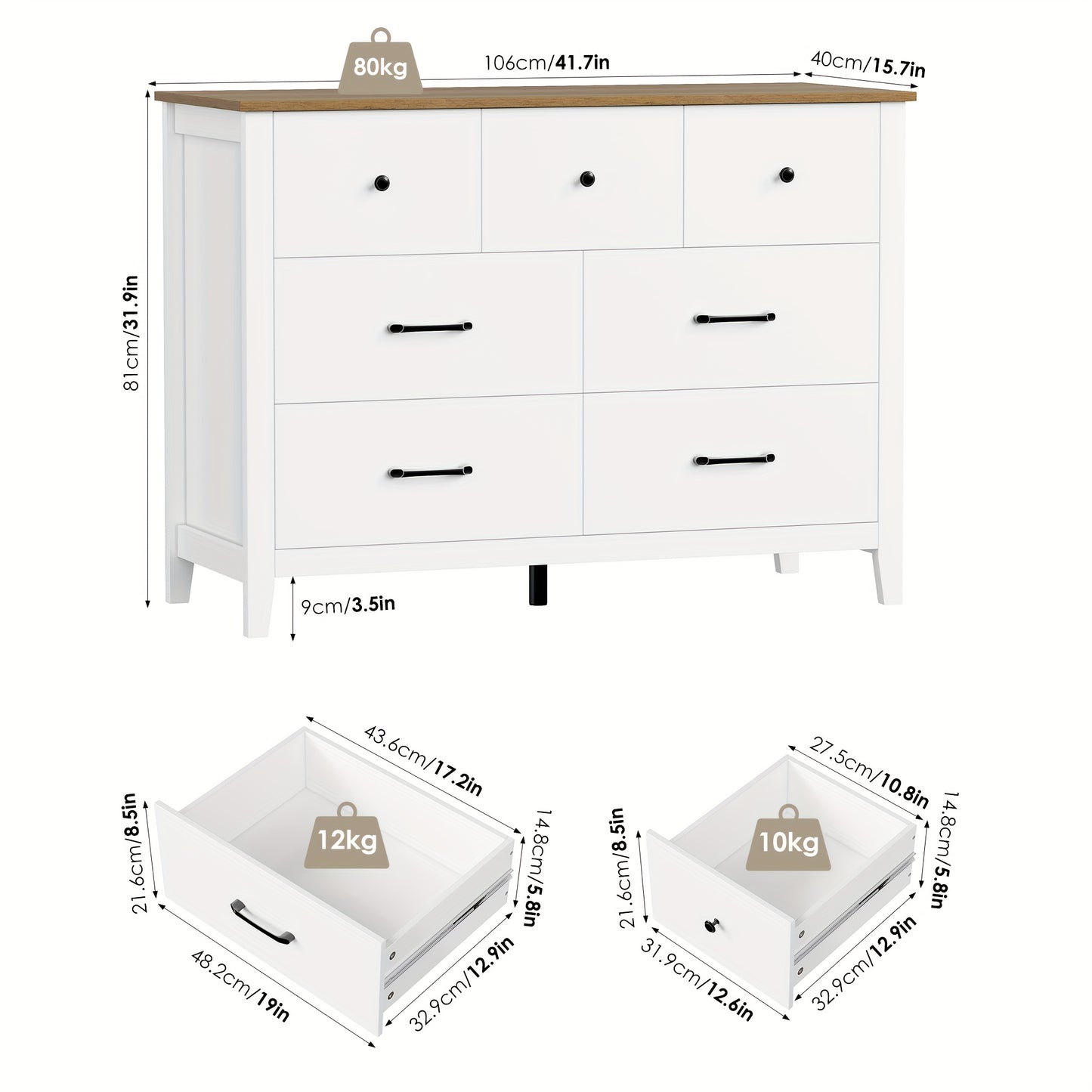 Ladekast – Ladekastje – Ladenkast – Commode – Dressoir – 7 Lades – Wit Met Houtlook – Compact 40x106x81 cm