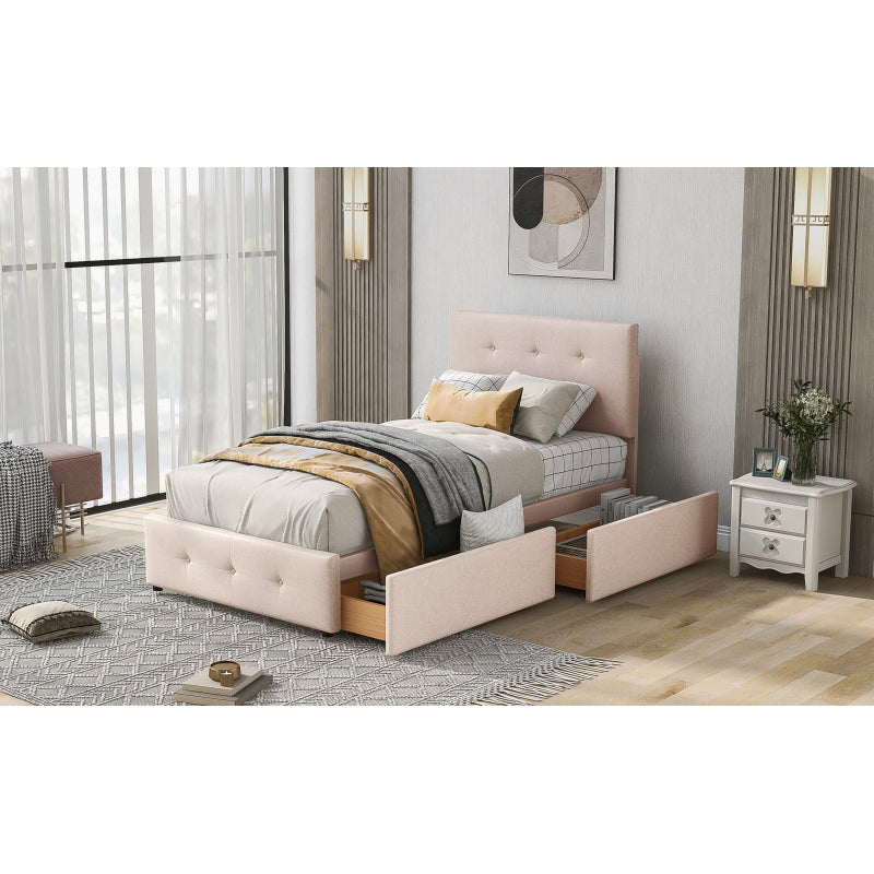Bedbank – Slaapbank – Logeerbed – Eenpersoonsbed – Bedframe – Licht Beige Fluwelen Bekleding – Inclusief Lattenbodem en 2 Opberglades