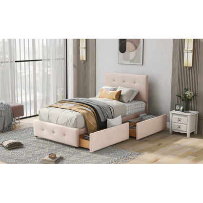 Bedbank – Slaapbank – Logeerbed – Eenpersoonsbed – Bedframe – Licht Beige Fluwelen Bekleding – Inclusief Lattenbodem en 2 Opberglades