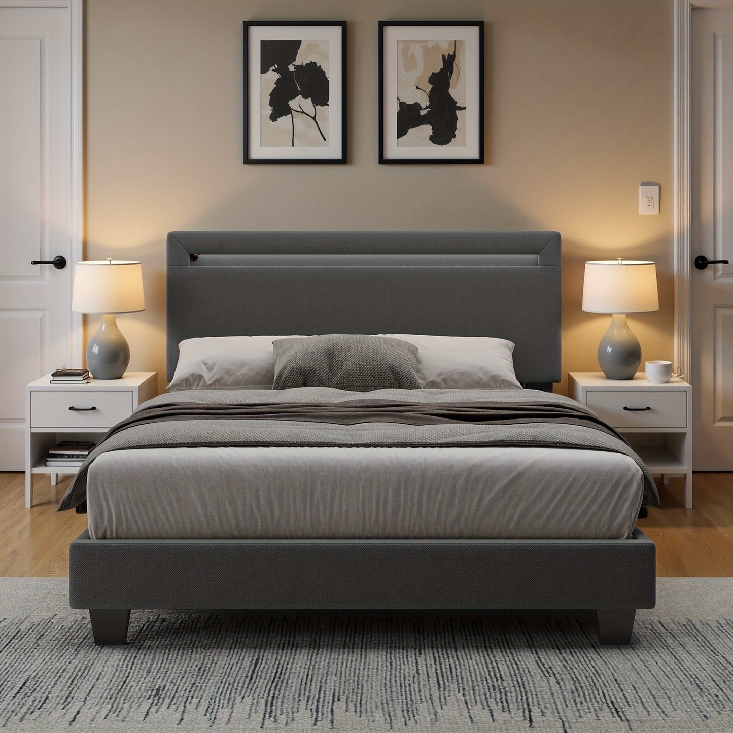 Modern Bedframe 120x200 – Bedbodem – Ledikant – Slaapbank – Lattenbodem – Stevige Houten Constructie – Gestoffeerd Hoofdeinde – Donkergrijs
