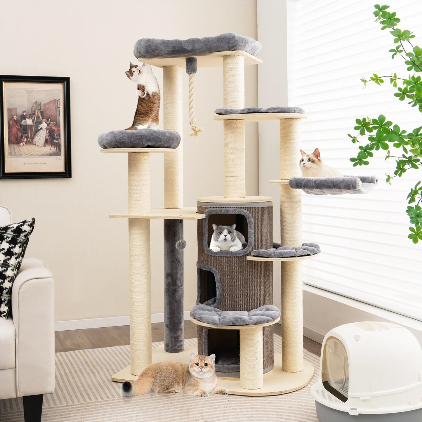 Krabpaal – Klimmeubel – Kattenmeubel – Kattenhuis – Speelboom – 173 cm Hoog – Massief Hout Met Sisal & Pluche