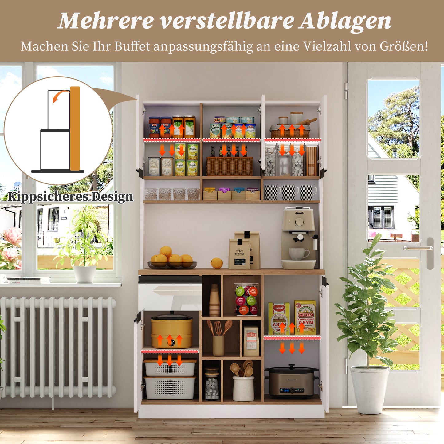Buffetkast – Hoge Kast – Opbergkast – Dressoir – Keukenkast – Hoogglans Wit – Zwarte Metalen Handgrepen – 185 cm Hoog – Verstelbare Planken & Anti-Kantelbeveiliging