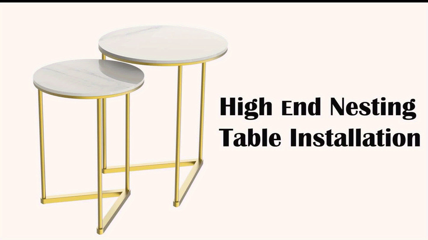 Salontafel – Bijzettafel – Koffietafel – Tafeltje – Nesting Table – Modern Rond Design – Wit Sintersteen Blad – Gouden Metalen Frame
