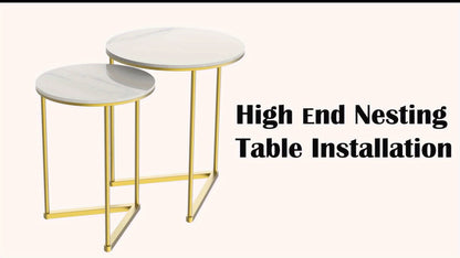 Salontafel – Bijzettafel – Koffietafel – Tafeltje – Nesting Table – Modern Rond Design – Wit Sintersteen Blad – Gouden Metalen Frame