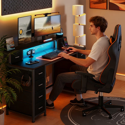 Computertafel – Bureau – Computerbureau – Bureautafel – Gaming Desk – 156x48 cm – RGB LED Verlichting – 10 Stoffen Lades en Monitorstandaard