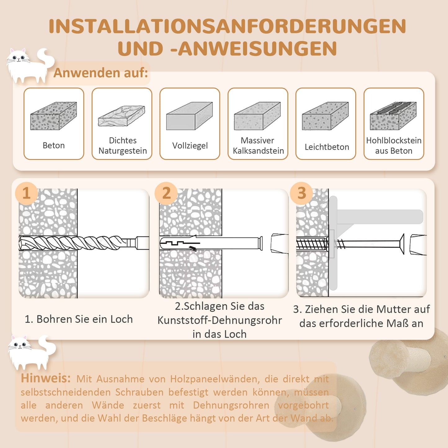 Krabpaal – Kattenboom – Kattenmeubel – Klimwand – Krabwand – Muurbevestigd – Ruimtebesparend Ontwerp – 110x56x73 cm – Sisal Krabpalen – Beige