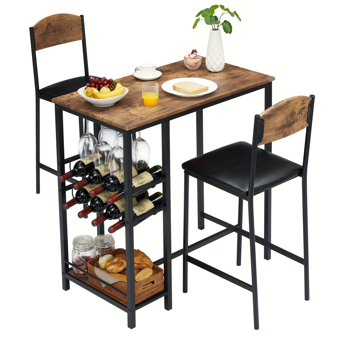 Compact Bar Table Set for 2 with Footrest & 2 Upholstered Chairs - Space-Saving Kitchen/Dining Table Set with Storage Shelf, Easy Assembly, Sturdy Hardwood-like Construction, Retro Brown for Small Spaces, Counter Bars, Apartm