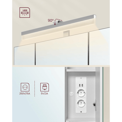 Badkamerkast – Wandkast – Spiegelkast – Opbergkast – Badkamermeubel – Wolk-wit – 3 Deuren – Met Stopcontacten en Haardrogerhouder – MDF Materiaal – Compact 70x75x16,5 cm