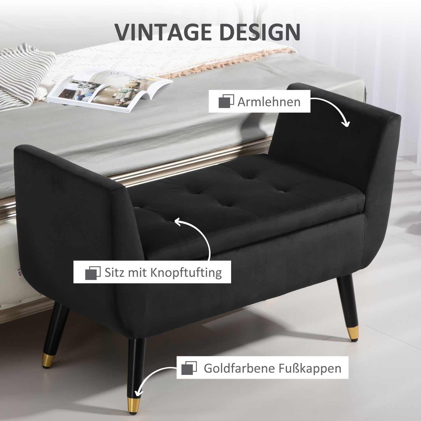 Deluxe Bench Upholstered Bench with Storage Space Armrests Bench Cabinet Bench Velvet Polyester Rubberwood Dark Grey 107 X 42 X 65cm
