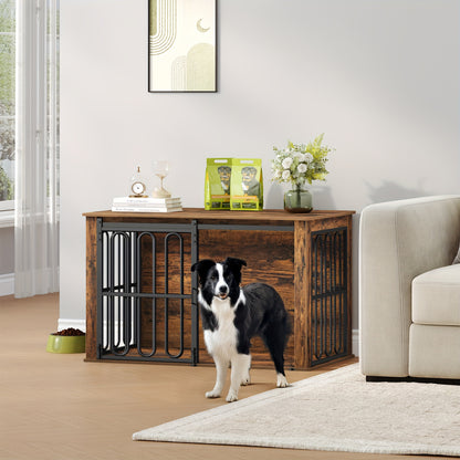 Hondenkennel – Hondenbench – Hondenkooi – Hondenren – Huisdierkooi – Hout – Dubbele Deuren Met Schuifmechanisme – Ruimtebesparend Design – Voor Kleine en Middelgrote Honden – Waterbestendig Spaanplaat – 60×100×62,4 cm – Bruin/Wit