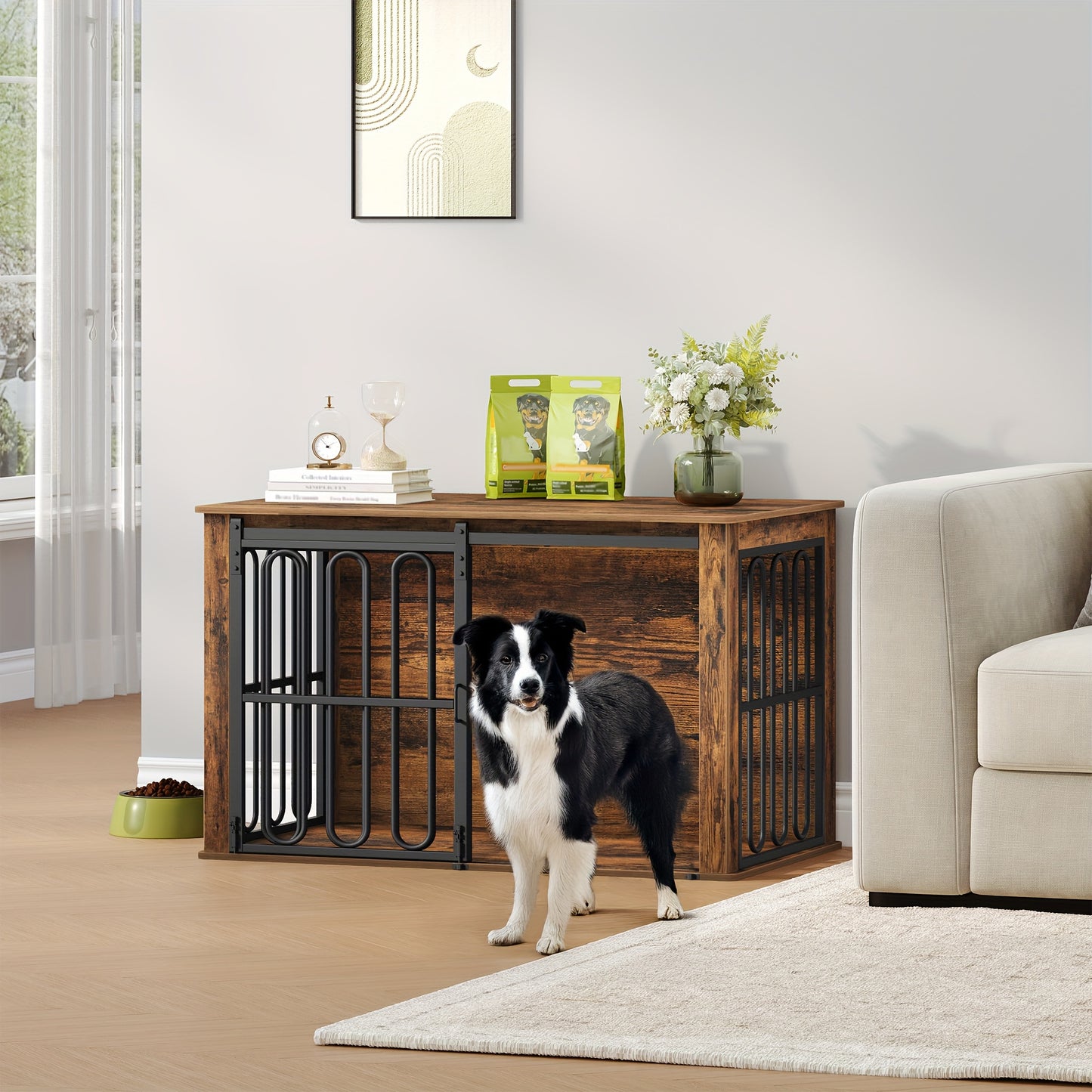 Hondenbench – Hondenkooi – Huisdierbench – Hondenhok – Bijzettafel – Dubbele Deuren Met Schuifsluiting – Stevig Wit-Bruin Design 60x100x62,4 cm
