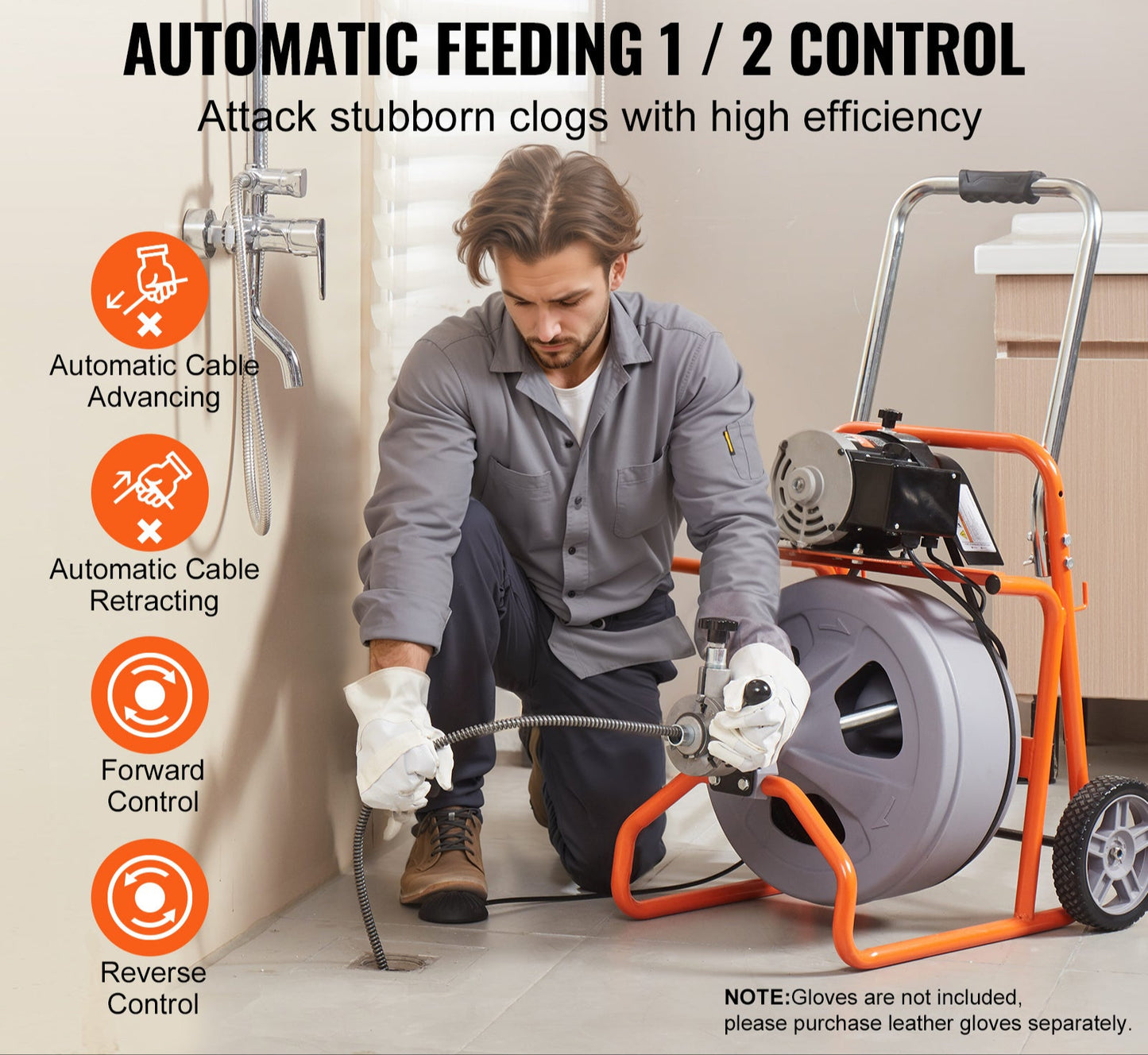 Ontstopper – Afvoerontstopper – Gootsteenontstopper – Rioolontstopper – Toiletontstopper – Automatische Kabelvoeding – 23 Meter Stalen Kabel met 8 Wisselbare Frezen
