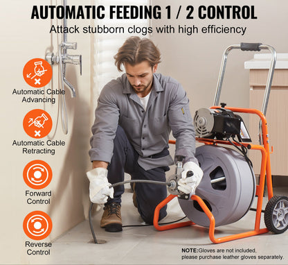 Ontstopper – Afvoerontstopper – Gootsteenontstopper – Rioolontstopper – Toiletontstopper – Automatische Kabelvoeding – 23 Meter Stalen Kabel met 8 Wisselbare Frezen