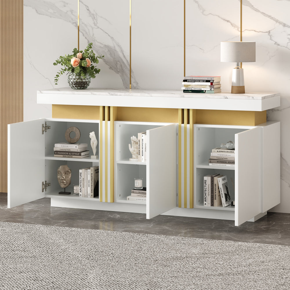 Modern White Sideboard/Display Cabinet | Three-Door Design with Adjustable Shelves, Suitable for Kitchens, Living Rooms, Dining Rooms, Hallways, Platinum Stitching, Spacious Handle-Less Compartments, Contemporary Style, Metal