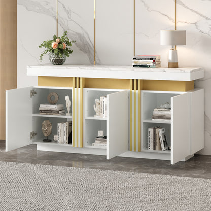 Modern White Sideboard/Display Cabinet | Three-Door Design with Adjustable Shelves, Suitable for Kitchens, Living Rooms, Dining Rooms, Hallways, Platinum Stitching, Spacious Handle-Less Compartments, Contemporary Style, Metal
