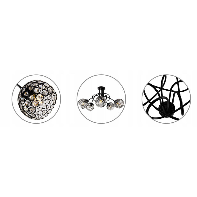 Plafondlamp – Plafonnière – Hanglamp – Kroonluchter – Kristallen Lamp – Vijf Lichtpunten – Metaal en Kristal – Zwart – 37 cm Hoog – E27 Fitting