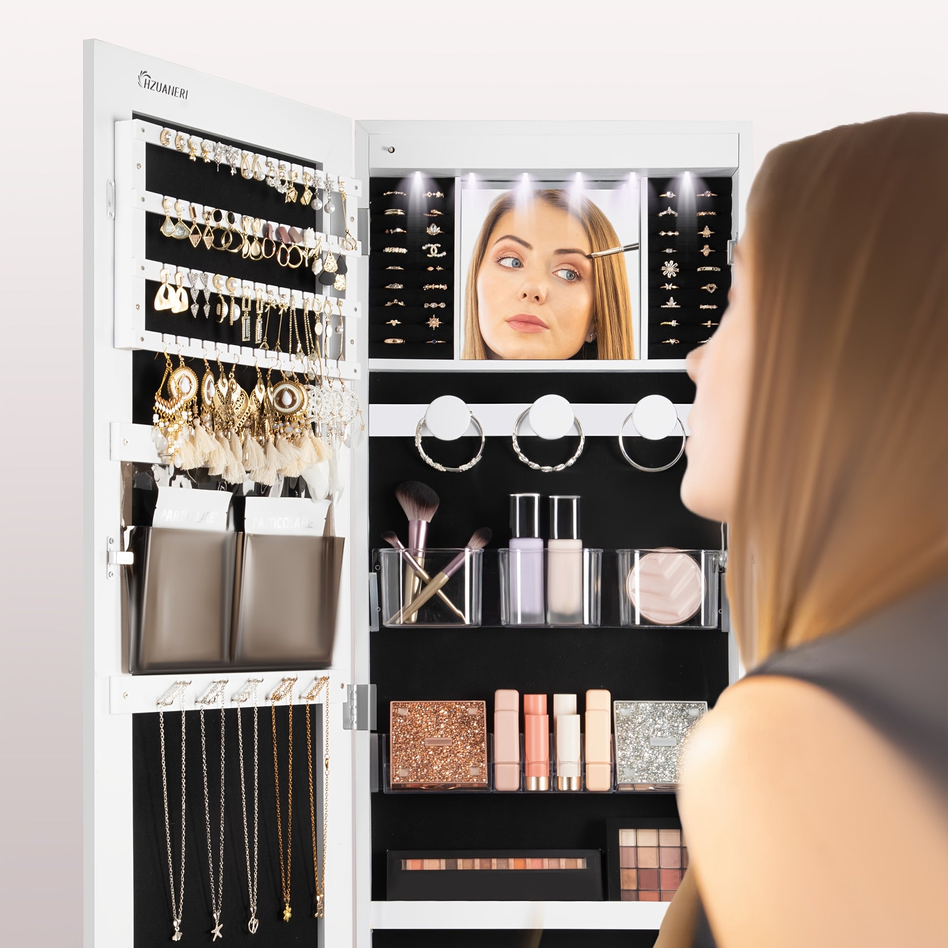 6 LEDs Jewelry Cabinet, 159 Cm High Jewelry Cabinet Organizer, Lockable In Full Length Of Mirror With 4 Wheels, Large 5-animal Jewelry Storage Rack, White, Jewelry Armoires - QUORE