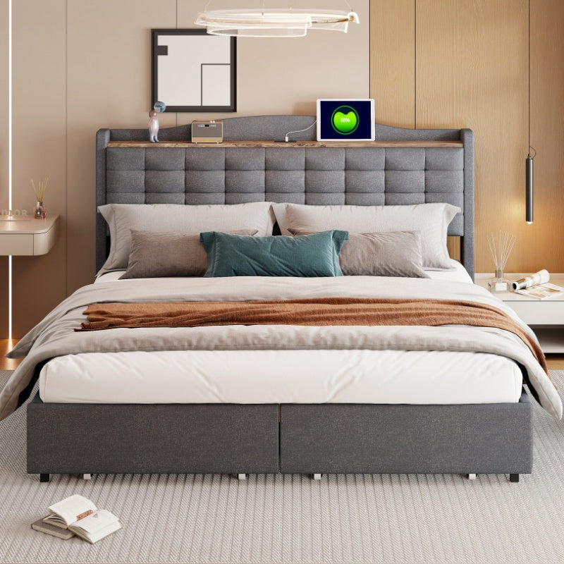 Ledikant 160x200 – Tweepersoonsbed – Bedframe – Opbergbed – Gestoffeerd Bed – Linnen Stof – Ingebouwde Oplaadpoort – 4 Laden Opbergruimte