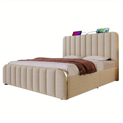 Upholstery Tweepersoonsbed – Bedframe – Slaapbank – Opbergbed – Hydraulisch Bed – 160x200 cm – Beige Linnen – Gouden Rand Hoofdeinde