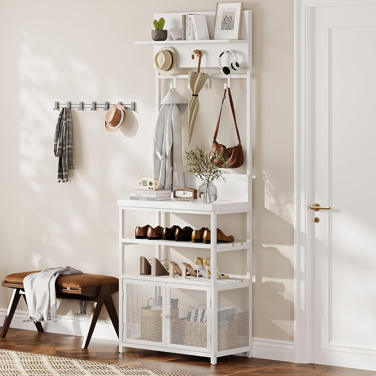 Kapstok – Jashaak – Schoenenrek – Garderoberek – Entree Organizer – Wit – Smal Design – 7 Haken – 3 Laags Schoenenrek – Hoogwaardige MDF & Metaal