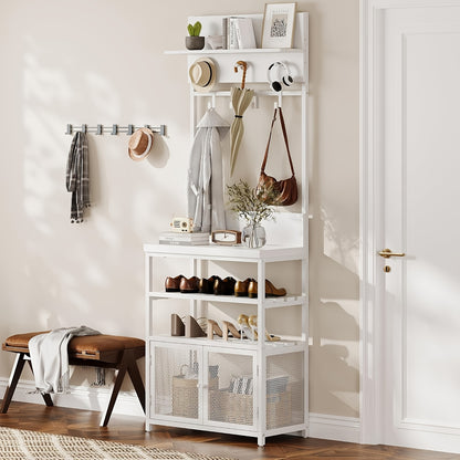 Kapstok – Jashaak – Schoenenrek – Garderoberek – Entree Organizer – Wit – Smal Design – 7 Haken – 3 Laags Schoenenrek – Hoogwaardige MDF & Metaal