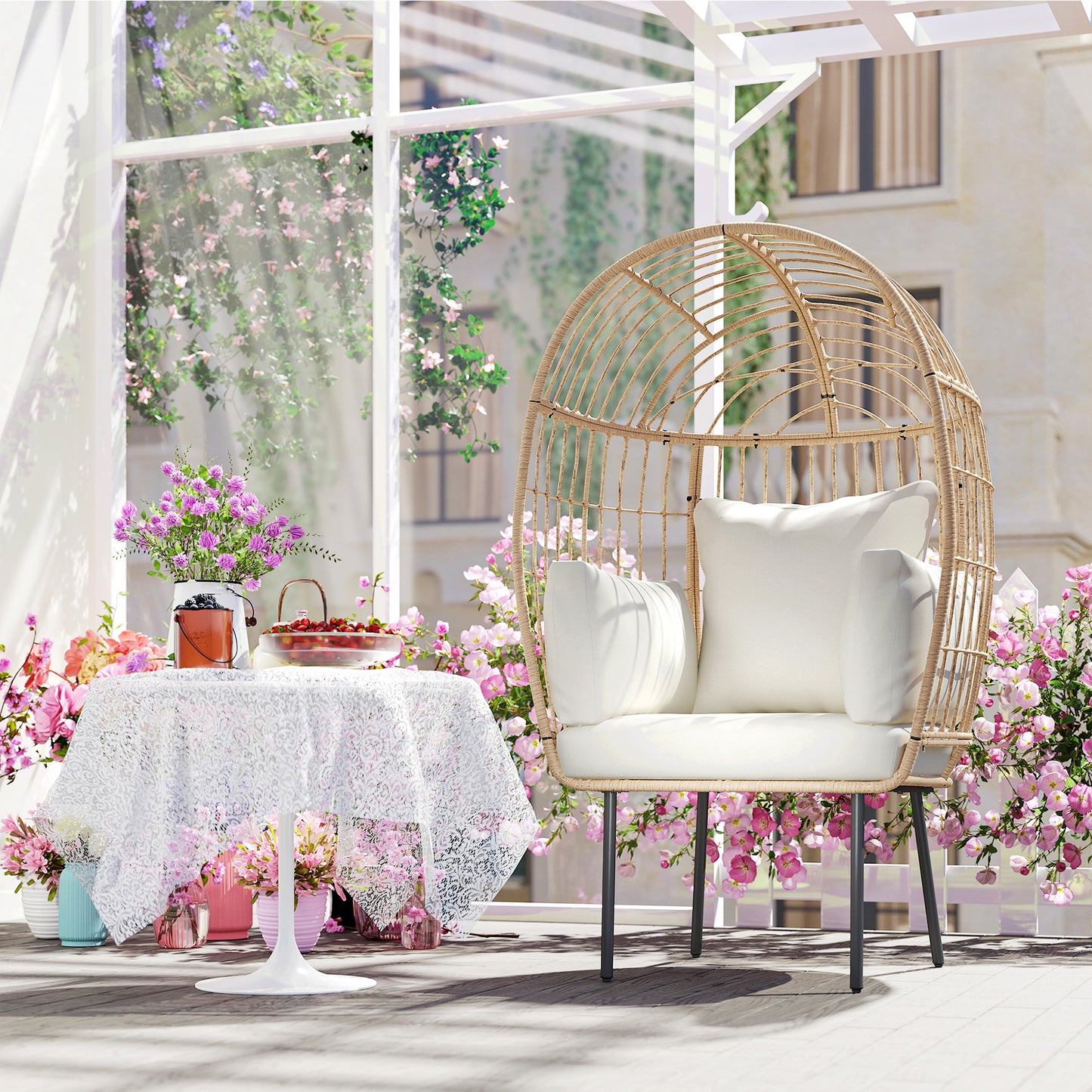 Rotan Ei-Stoel – Rattan Stoel – Tuinstoel – Buitenzetel – Lounge Stoel – Beige – Handgevlochten Rotan – Afneembaar Gewatteerd Kussen – 95x80x155 cm