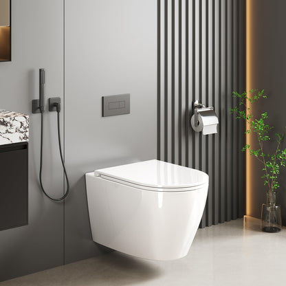 Toiletpot – Hangend – Wandcloset – WC Pot – Toiletset – Rimless Design – Softclose D-Vormige Zitting – Diepe Waskom 51 cm – Wit – Moderne Stijl Zonder Elektriciteit