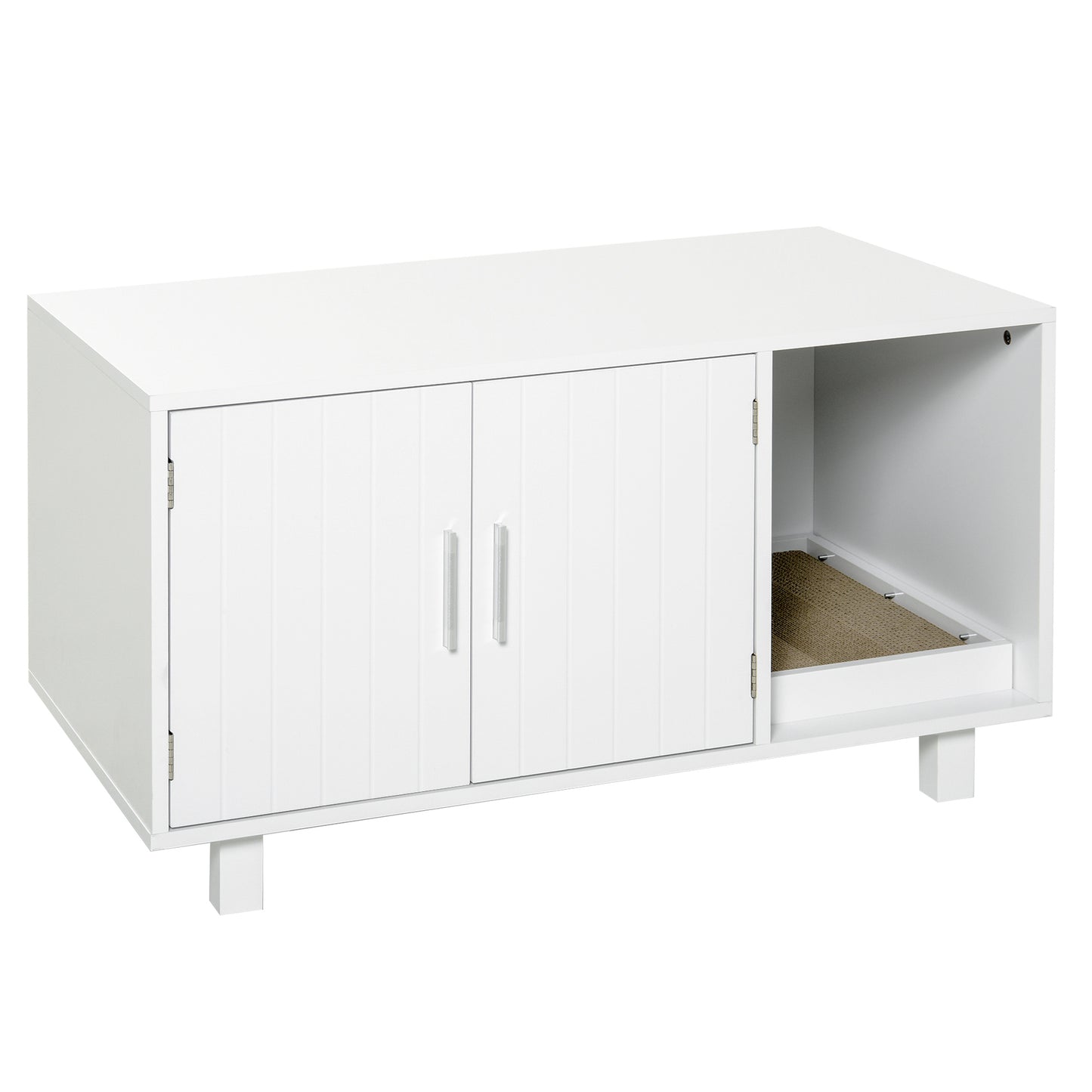 kattenbakhuis – kattenbak kast – kattenbak meubel – kattentoilet – kattenhuis – wit fiberboard – geïntegreerde kattenbakruimte – open vak krabpaal