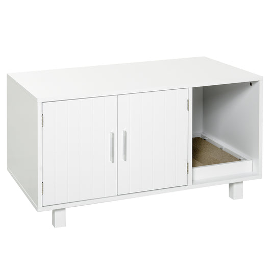 kattenbakhuis – kattenbak kast – kattenbak meubel – kattentoilet – kattenhuis – wit fiberboard – geïntegreerde kattenbakruimte – open vak krabpaal
