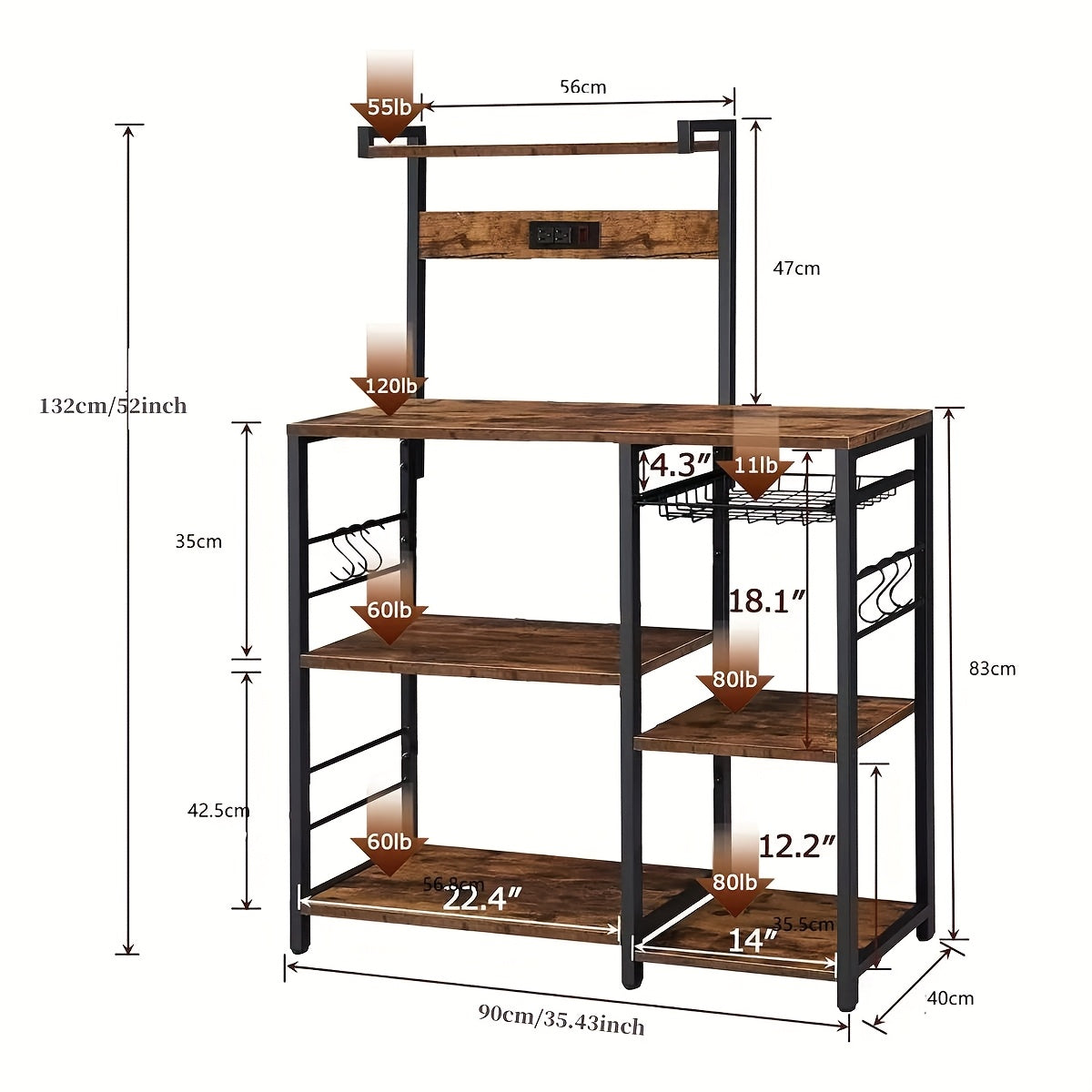Bakkerrek – Opbergrek – Keukenrek – Stelling – Wandrek – 6-laags Metaal – Vrijstaand – Met Haakjes – Gepoedercoat – Robuust Design