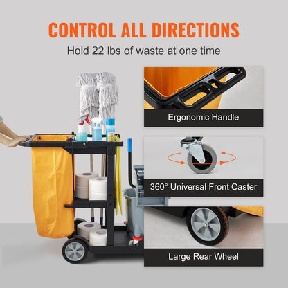 Schoonmaakwagen – Schoonmaaktrolley – Mopwagen – Schoonmaakkar – Dweilwagen – 3-laags met 95L duurzame PVC afvalzak – Hoogwaardig PP materiaal tot 90 kg draagvermogen