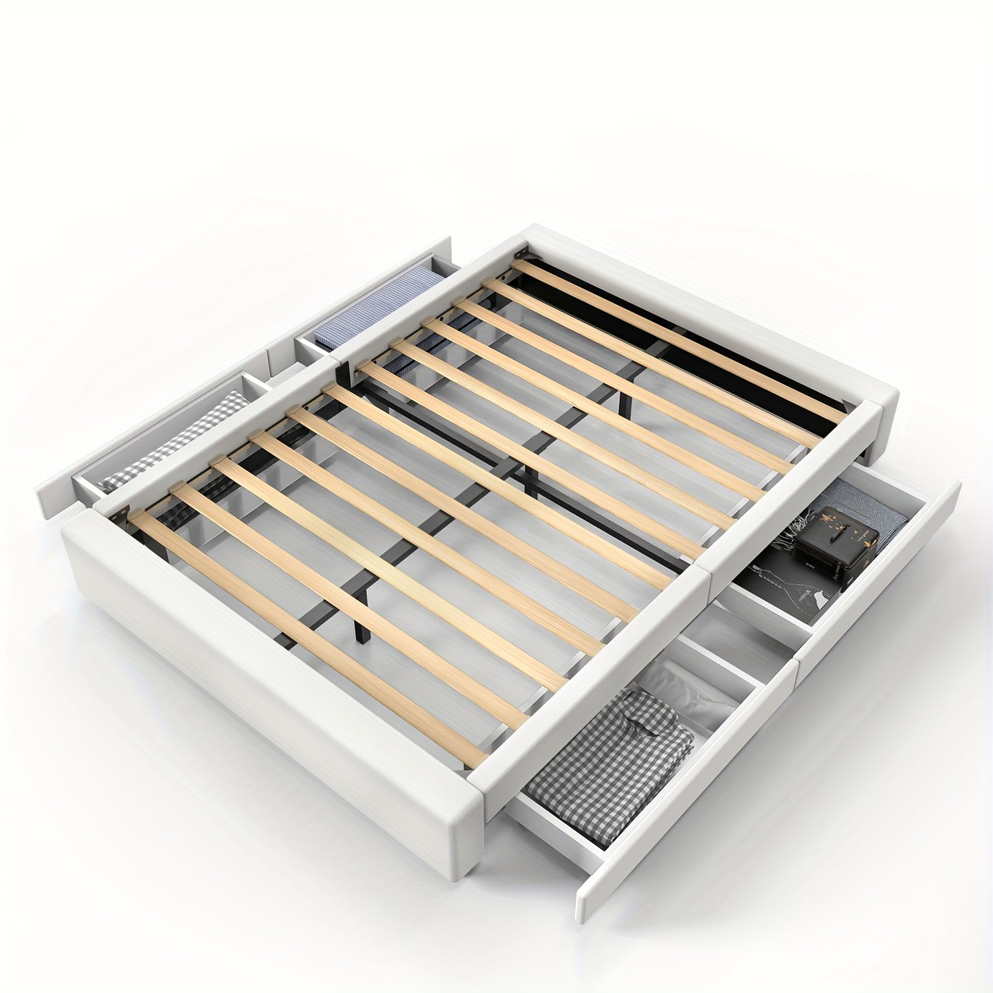 Bedframe met Opbergruimte – Tweepersoonsbed – Gestoffeerd Bed – Opbergbed – Platformbed – 140x200 cm – Stevig Metaal en MDF – 4 Ruime Lades - Wit