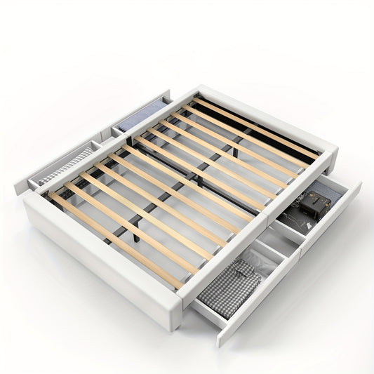 Bedframe met Opbergruimte – Tweepersoonsbed – Gestoffeerd Bed – Opbergbed – Platformbed – 140x200 cm – Stevig Metaal en MDF – 4 Ruime Lades - Wit