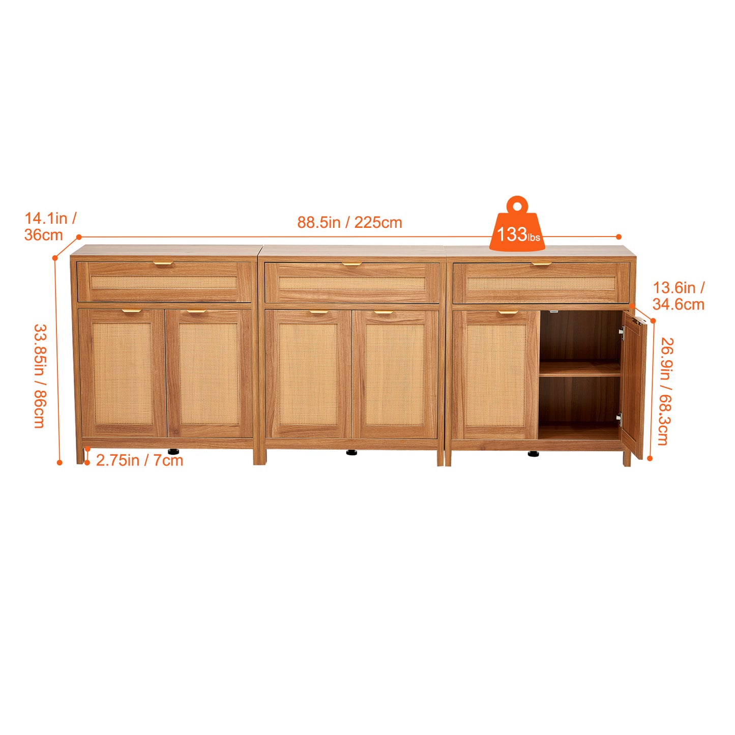 VEVOR Rattan Cabinet with 6 Doors 3 Drawers Adjustable Shelves Set of 3 Natural