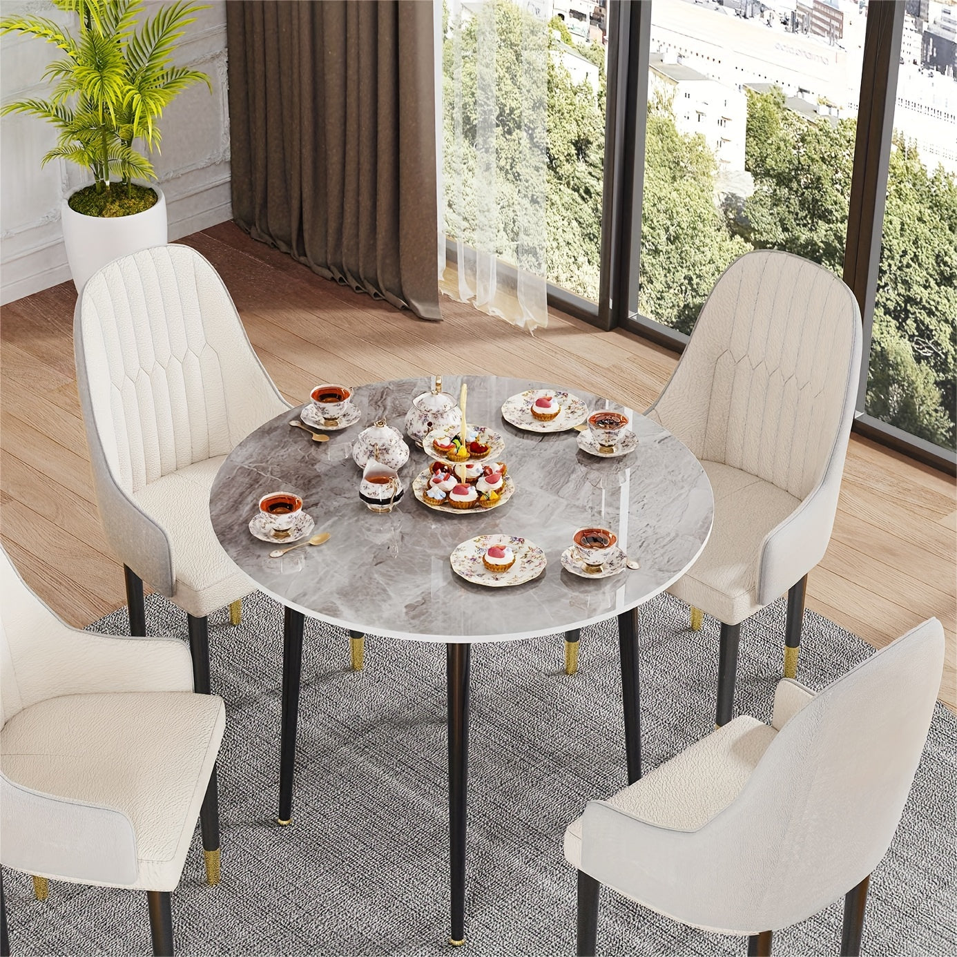 Eettafel – Ronde Tafel – Keukentafel – Dinertafel – Tafel – Hoogglans Sintersteen Blad – 80 cm Diameter – Stabiel Metalen Onderstel