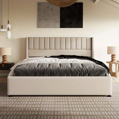 Opbergbed – Opbergbed Met Hydraulische Lift – Bed Met Opbergruimte – Gestoffeerd Bed – Slaapbed – 180x200 cm – Stevig Metalen Frame – Beige Linnen Bekleding