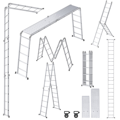 Multipurpose Ladder, Household Ladder, Foldable, Step Ladder Work Platform, Load-Bearing 150kg, Aluminum Alloy Combination Ladder, Silvery, (4X3 Steps, 4X4 Steps, 4X5 Steps)