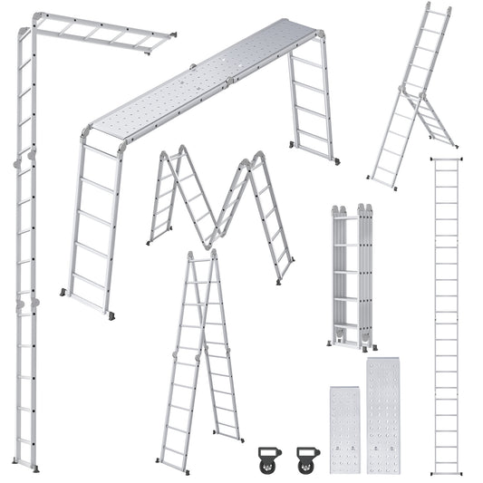 Multipurpose Ladder, Household Ladder, Foldable, Step Ladder Work Platform, Load-Bearing 150kg, Aluminum Alloy Combination Ladder, Silvery, (4X3 Steps, 4X4 Steps, 4X5 Steps)