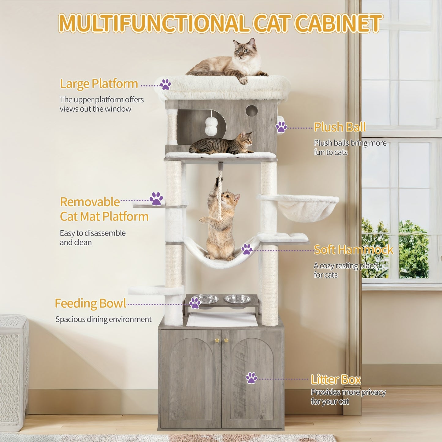 Multi-Level Modern Cat Tree Tower with Litter Box & Feeding Table - 70" Tall (176cm) Cat Tree with Large Platform, Sisal Scratching Posts, Hammock & Removable Washable Mat - Sturdy Construction, Space-Saving Design for Indoor - QUORE