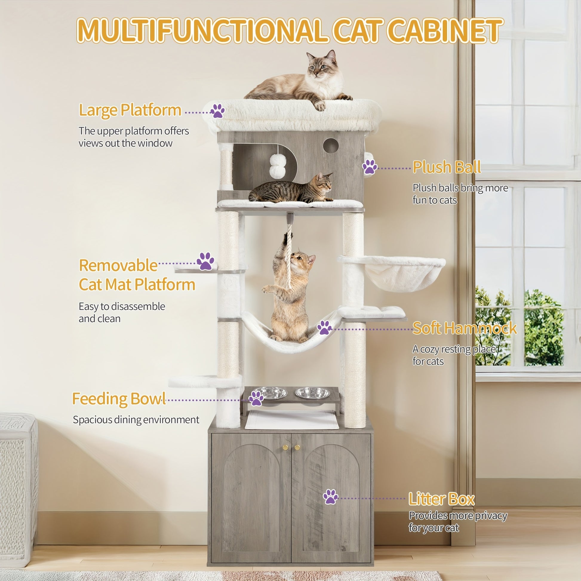 Multi-Level Modern Cat Tree Tower with Litter Box & Feeding Table - 70" Tall (176cm) Cat Tree with Large Platform, Sisal Scratching Posts, Hammock & Removable Washable Mat - Sturdy Construction, Space-Saving Design for Indoor - QUORE